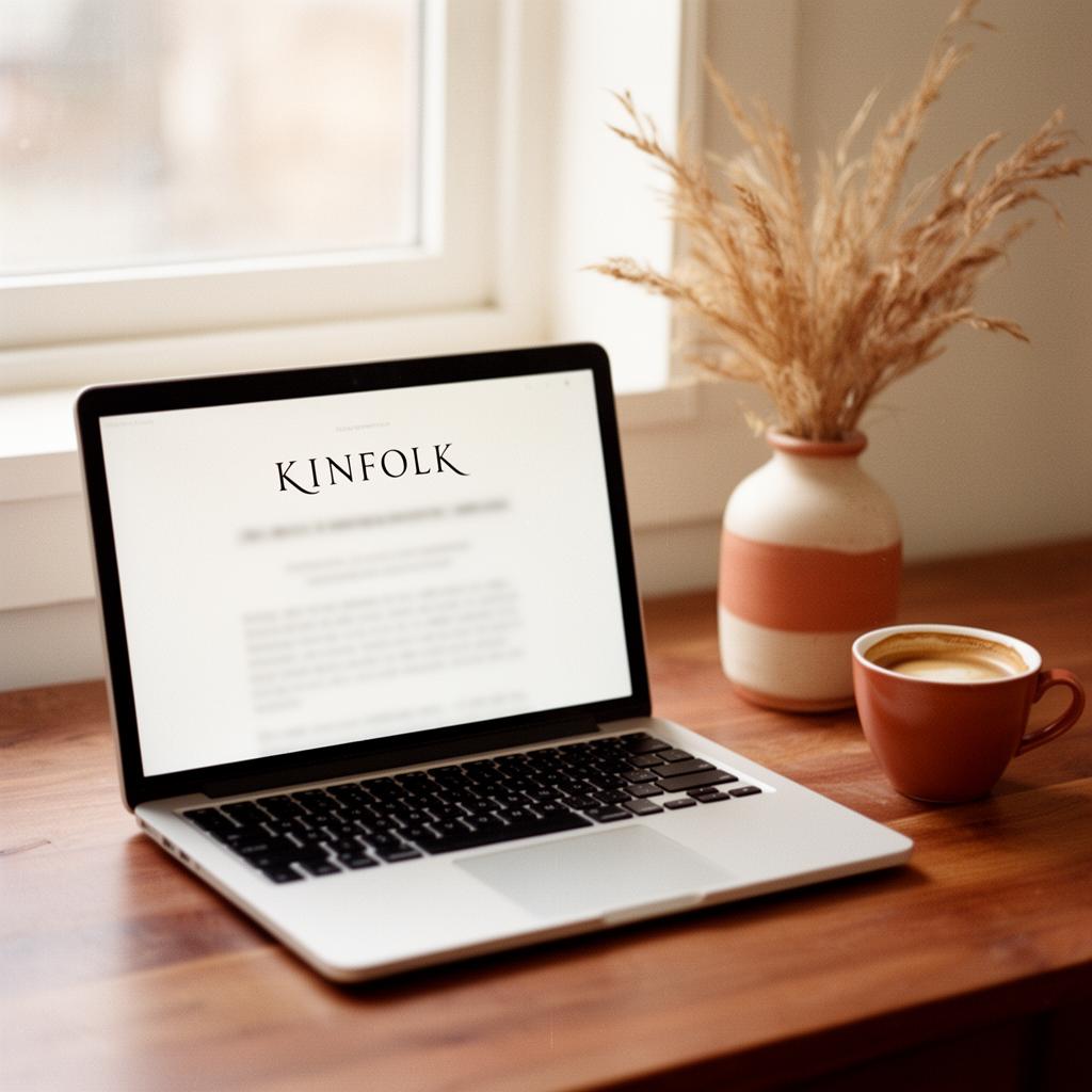 Newsletter auf Laptop, warmes Schreibtischsetup